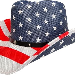 Enimay Patriotic Stars & Stripes Cowboy Hat - Blue/Red/White USA Men Women Straw